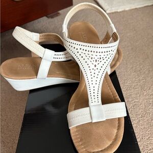 Alfani White and Tan Sandals with Perforated T-Strap Design